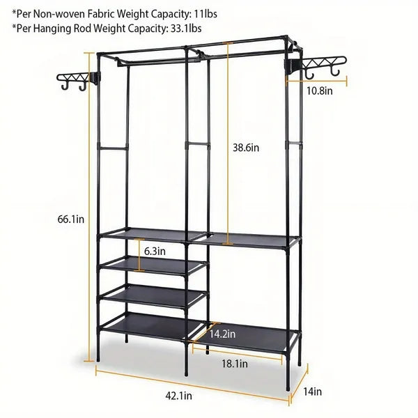 Clothing Rack Clothes Rack, 66'' Multifunctional Garment Rack for Hanging Clothes, 4 Tiers Portable Closet Rack with 4 Hooks & 2 Hanging Rods, Coated Metal Freestanding Closet Wardrobe System, Black