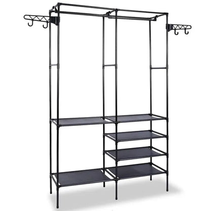 Clothing Rack Clothes Rack, 66'' Multifunctional Garment Rack for Hanging Clothes, 4 Tiers Portable Closet Rack with 4 Hooks & 2 Hanging Rods, Coated Metal Freestanding Closet Wardrobe System, Black