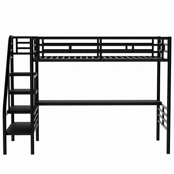 Compact Metal Loft Bed Frame, Inclusive Desk, Twin Size, No Box Spring Needed, Classic Black