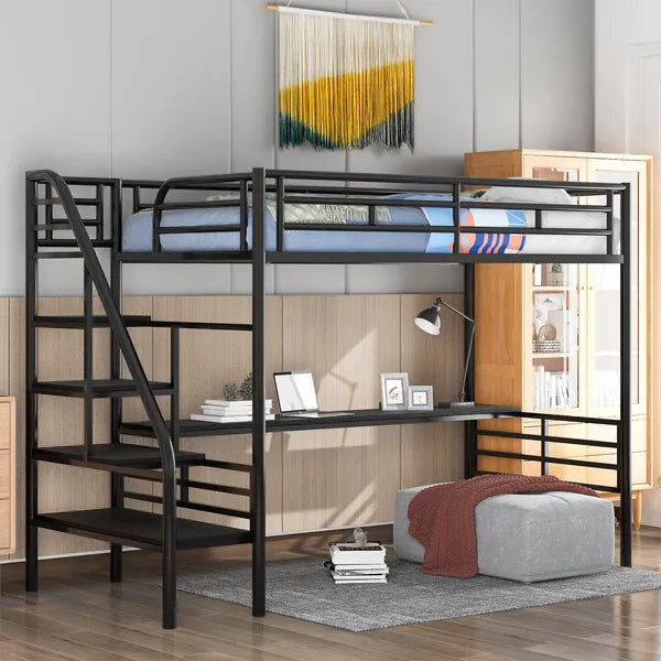 Compact Metal Loft Bed Frame, Inclusive Desk, Twin Size, No Box Spring Needed, Classic Black