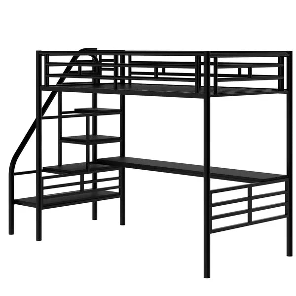 Compact Metal Loft Bed Frame, Inclusive Desk, Twin Size, No Box Spring Needed, Classic Black