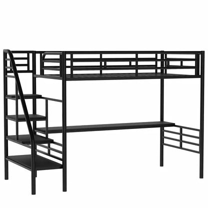 Compact Metal Loft Bed Frame, Inclusive Desk, Twin Size, No Box Spring Needed, Classic Black