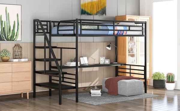 Compact Metal Loft Bed Frame, Inclusive Desk, Twin Size, No Box Spring Needed, Classic Black