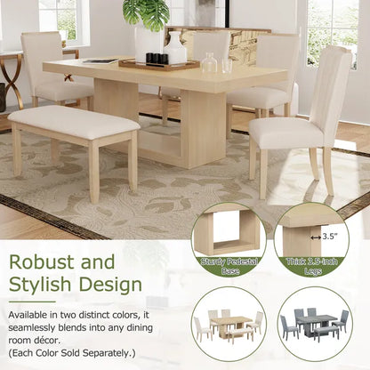 Contemporary 6-Pcs 78 inch Extendable Pedestal Dining Table Set with 18 inch Removable Leaf and Dining Bench, 4 Upholstered Dining Chairs