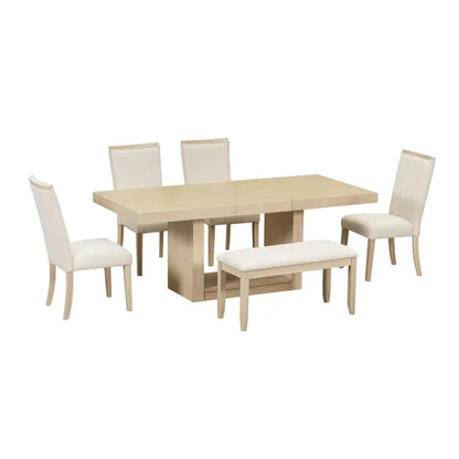 Contemporary 6-Pcs 78 inch Extendable Pedestal Dining Table Set with 18 inch Removable Leaf and Dining Bench, 4 Upholstered Dining Chairs