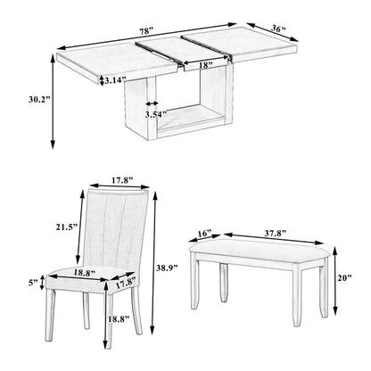 Contemporary 6-Pcs 78 inch Extendable Pedestal Dining Table Set with 18 inch Removable Leaf and Dining Bench, 4 Upholstered Dining Chairs