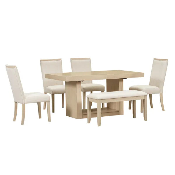 Contemporary 6-Pcs 78 inch Extendable Pedestal Dining Table Set with 18 inch Removable Leaf and Dining Bench, 4 Upholstered Dining Chairs