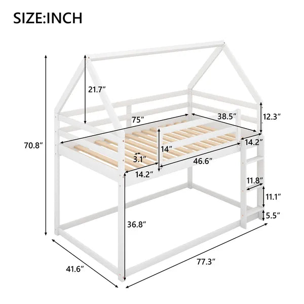 Cozy Twin-Over-Twin Low Bunk House Bed, Includes Ladder, Crisp White Finish