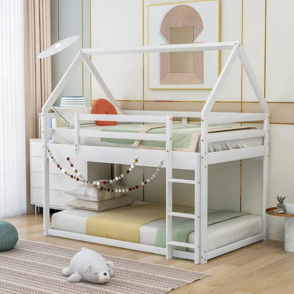 Cozy Twin-Over-Twin Low Bunk House Bed, Includes Ladder, Crisp White Finish