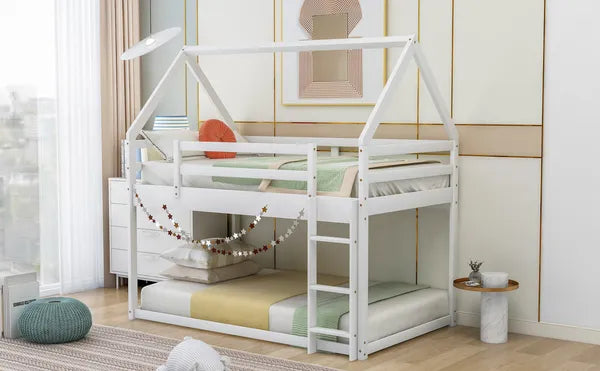 Cozy Twin-Over-Twin Low Bunk House Bed, Includes Ladder, Crisp White Finish