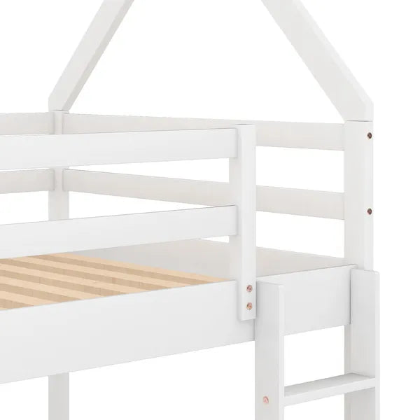 Cozy Twin-Over-Twin Low Bunk House Bed, Includes Ladder, Crisp White Finish