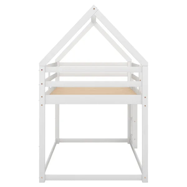 Cozy Twin-Over-Twin Low Bunk House Bed, Includes Ladder, Crisp White Finish