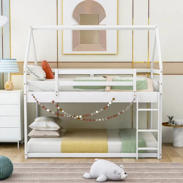 Cozy Twin-Over-Twin Low Bunk House Bed, Includes Ladder, Crisp White Finish