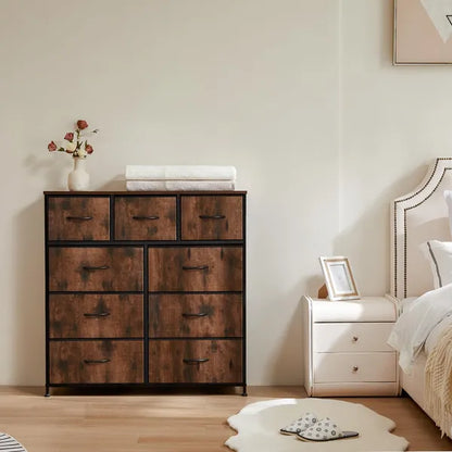 Dresser for Bedroom with 9 Fabric Drawers, Tall Chest Organizer Units for Clothing, Closet, Storage Tower with Cabinet, Metal Frame, Wooden Top, Lightweight Nursery Furniture