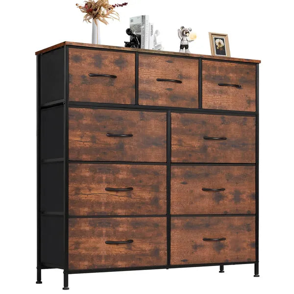 Dresser for Bedroom with 9 Fabric Drawers, Tall Chest Organizer Units for Clothing, Closet, Storage Tower with Cabinet, Metal Frame, Wooden Top, Lightweight Nursery Furniture