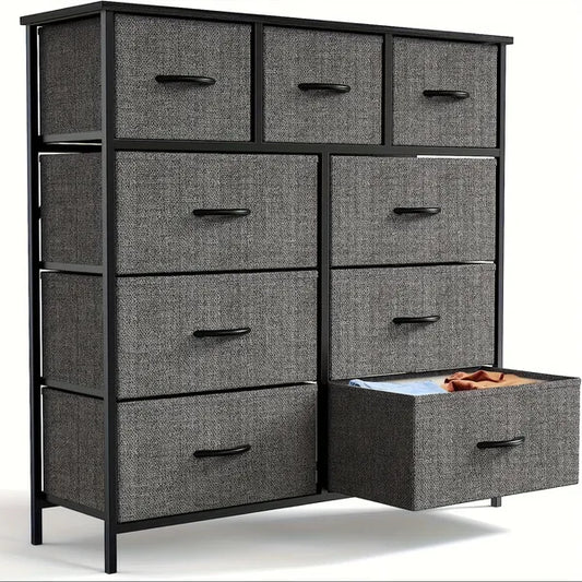 Dresser for Bedroom with 9 Fabric Drawers, Tall Chest Organizer Units for Clothing, Closet, Storage Tower with Cabinet, Metal Frame, Wooden Top, Lightweight Nursery Furniture