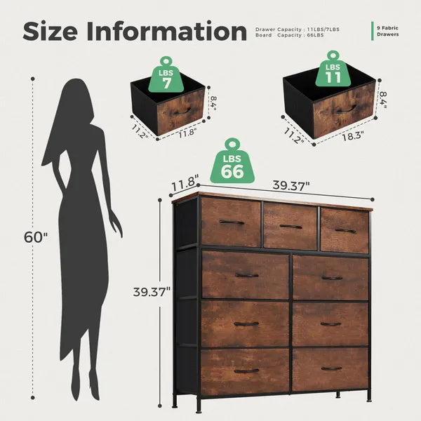 Dresser for Bedroom with 9 Fabric Drawers, Tall Chest Organizer Units for Clothing, Closet, Storage Tower with Cabinet, Metal Frame, Wooden Top, Lightweight Nursery Furniture