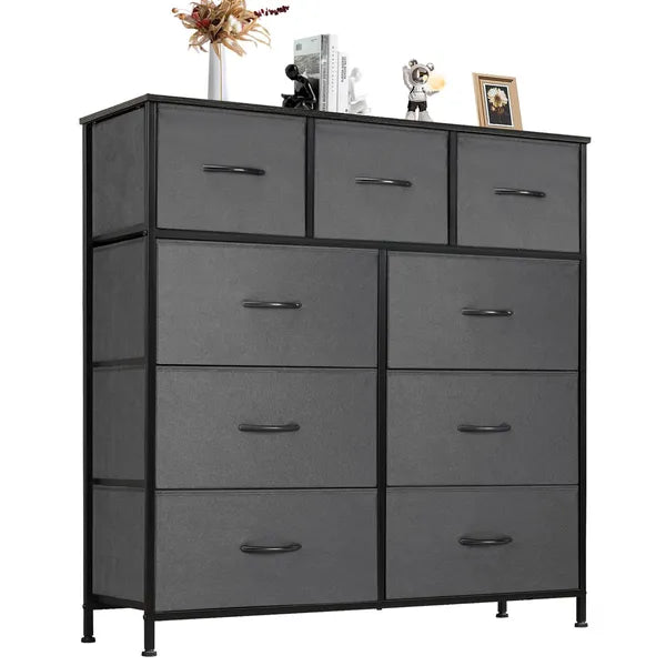 Dresser for Bedroom with 9 Fabric Drawers, Tall Chest Organizer Units for Clothing, Closet, Storage Tower with Cabinet, Metal Frame, Wooden Top, Lightweight Nursery Furniture