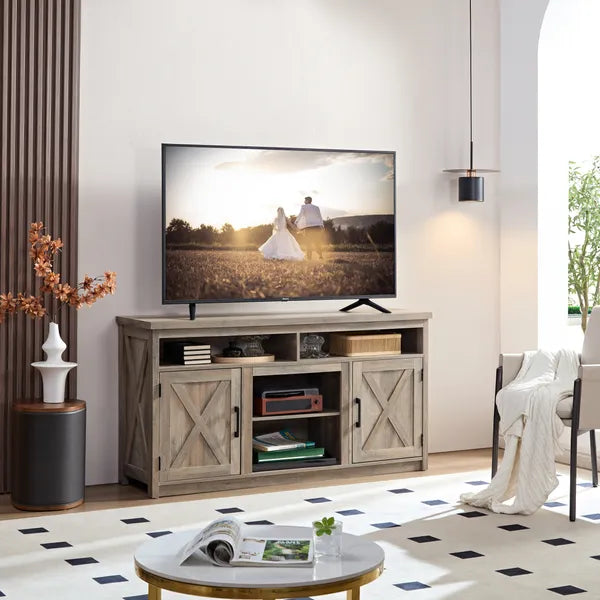 Farmhouse Barn door TV Media Stand Modern Entertainment Console for TV Up to 65" with Open and Closed Storage Space