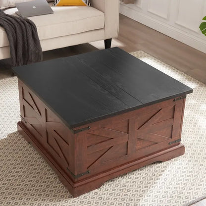 Farmhouse Coffee Table, Square Wood Center Table with Large Hidden Storage Compartment for Living Room, Barn design Center Table Rustic Cocktail Table with Hinged Lift Top for Home L31.5''*W31.5''*H18