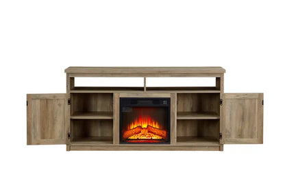 Farmhouse TV Media Stand, Large Barn Inspired Home Entertainment Console, with 18" Fireplace Insert, for TV Up to 65'', with Open Shelves and Closed Cabinets