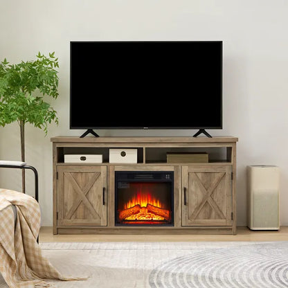 Farmhouse TV Media Stand, Large Barn Inspired Home Entertainment Console, with 18" Fireplace Insert, for TV Up to 65'', with Open Shelves and Closed Cabinets