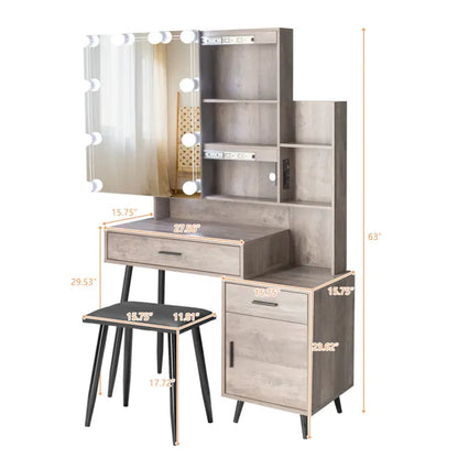 FCH Particleboard Triamine Veneer Iron Legs 2 Drawers 1 Door 2 Shelves Mirror Cabinet 3 Light Bulbs Dressing Table Set Grey