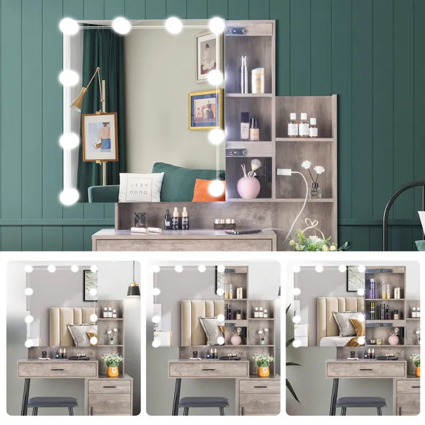 FCH Particleboard Triamine Veneer Iron Legs 2 Drawers 1 Door 2 Shelves Mirror Cabinet 3 Light Bulbs Dressing Table Set Grey