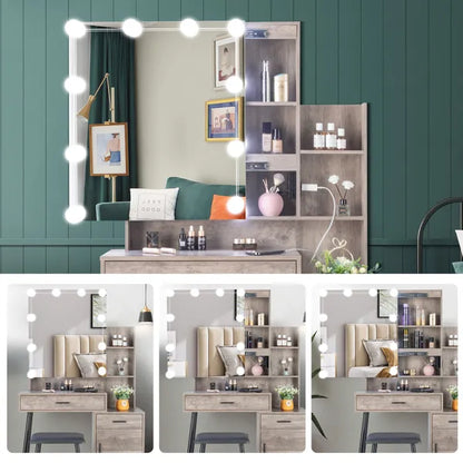 FCH Particleboard Triamine Veneer Iron Legs 2 Drawers 1 Door 2 Shelves Mirror Cabinet 3 Light Bulbs Dressing Table Set Grey