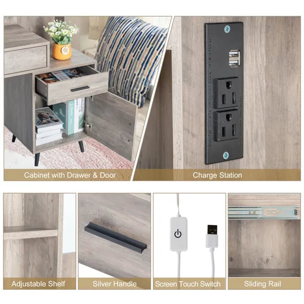 FCH Particleboard Triamine Veneer Iron Legs 2 Drawers 1 Door 2 Shelves Mirror Cabinet 3 Light Bulbs Dressing Table Set Grey