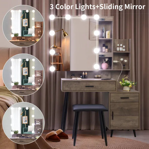 FCH Particleboard Triamine Veneer Iron Legs 2 Drawers 1 Door 2 Shelves Mirror Cabinet 3 Light Bulbs Dressing Table Set Grey