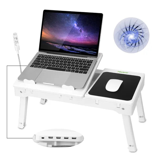 SALEFoldable Laptop Table Bed Notebook Desk with Cooling Fan Mouse Board LED light 4 xUSB Ports Breakfast Snacking Tray