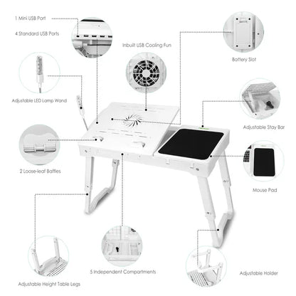 SALEFoldable Laptop Table Bed Notebook Desk with Cooling Fan Mouse Board LED light 4 xUSB Ports Breakfast Snacking Tray