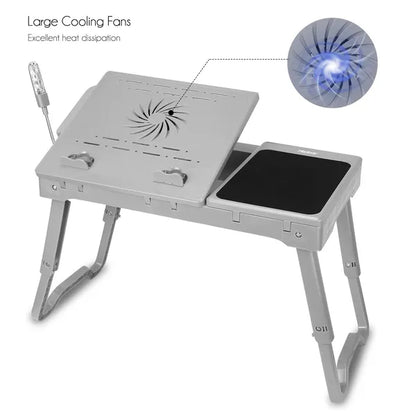 Foldable Laptop Table Bed Notebook Desk with Cooling Fan Mouse Board LED light 4 xUSB Ports Breakfast Snacking Tray