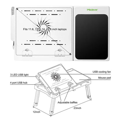 SALEFoldable Laptop Table Bed Notebook Desk with Cooling Fan Mouse Board LED light 4 xUSB Ports Breakfast Snacking Tray