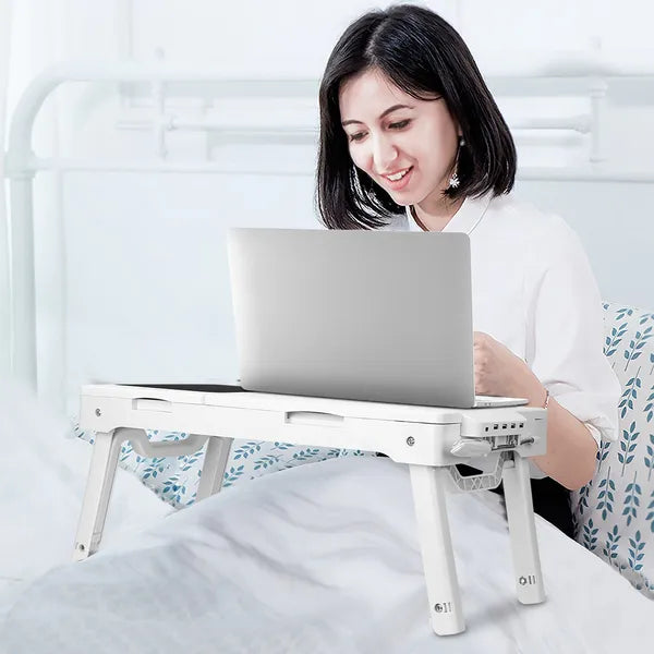 SALEFoldable Laptop Table Bed Notebook Desk with Cooling Fan Mouse Board LED light 4 xUSB Ports Breakfast Snacking Tray