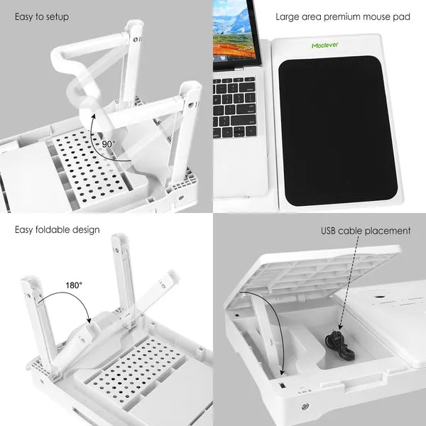 SALEFoldable Laptop Table Bed Notebook Desk with Cooling Fan Mouse Board LED light 4 xUSB Ports Breakfast Snacking Tray