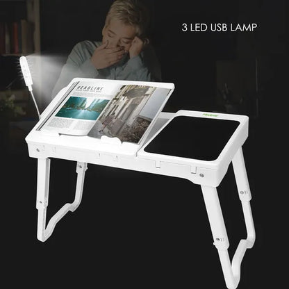 SALEFoldable Laptop Table Bed Notebook Desk with Cooling Fan Mouse Board LED light 4 xUSB Ports Breakfast Snacking Tray