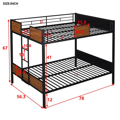 Full-over-full bunk bed modern style steel frame bunk bed with safety rail, built-in ladder for bedroom, dorm, boys, girls, adults