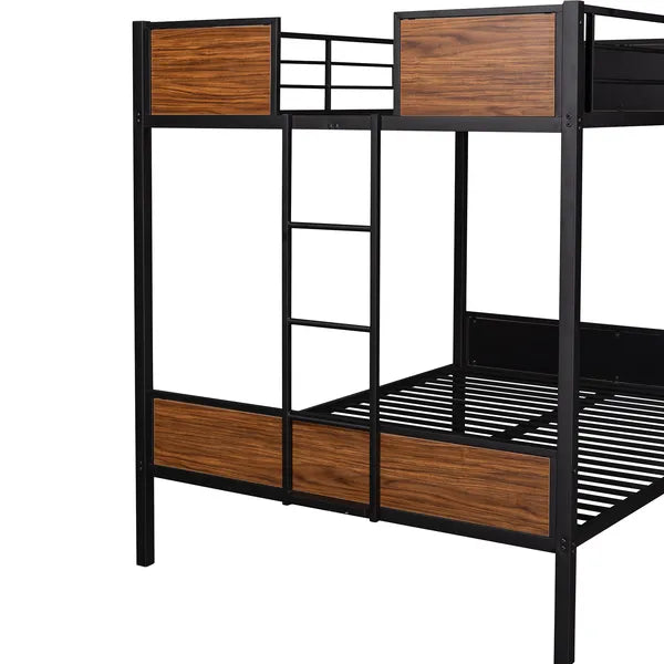 Full-over-full bunk bed modern style steel frame bunk bed with safety rail, built-in ladder for bedroom, dorm, boys, girls, adults