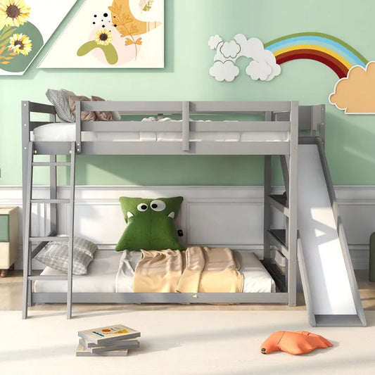 Full over Full Bunk Bed with Ladder, Slide and Shelves