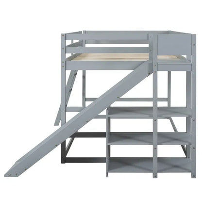 Full over Full Bunk Bed with Ladder, Slide and Shelves