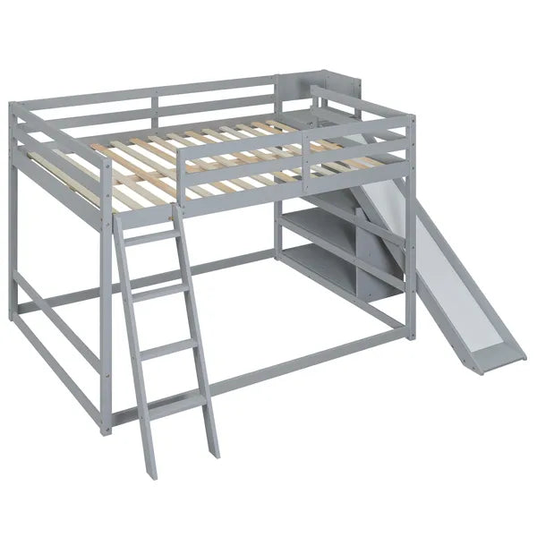 Full over Full Bunk Bed with Ladder, Slide and Shelves