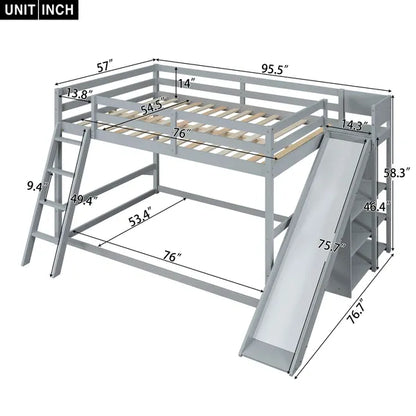 Full over Full Bunk Bed with Ladder, Slide and Shelves