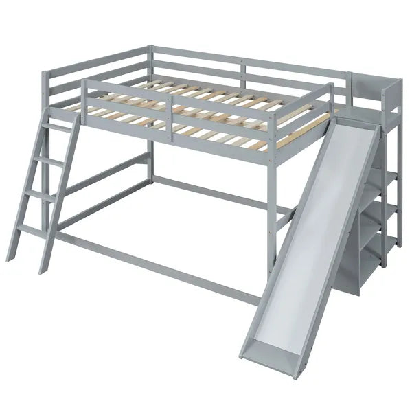 Full over Full Bunk Bed with Ladder, Slide and Shelves