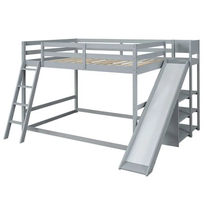 Full over Full Bunk Bed with Ladder, Slide and Shelves