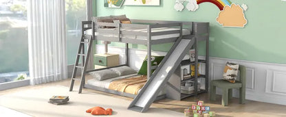 Full over Full Bunk Bed with Ladder, Slide and Shelves