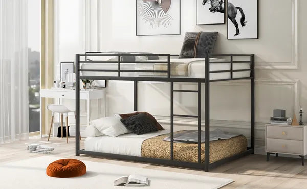 Full-Over-Full Low Metal Bunk Bed, Includes Ladder, Classic Black Finish