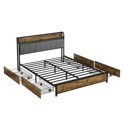 Full Size Bed Frame, Storage Headboard with Charging Station and 4 Storage Drawers,LED Lights , Brown and Gray