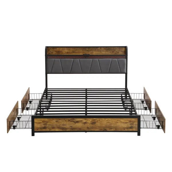 Full Size Bed Frame, Storage Headboard with Charging Station and 4 Storage Drawers,LED Lights , Brown and Gray